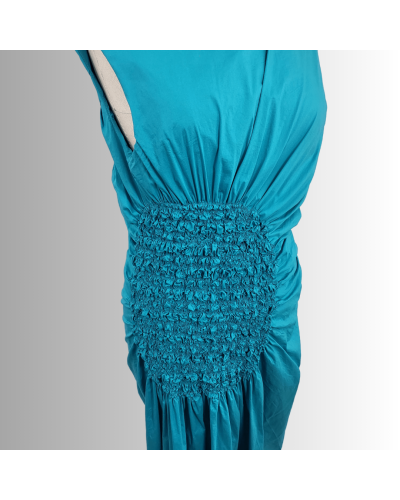 robe de soirée en popeline de coton Liviana Conti cintrée longue bleue unie sans manches à col rond