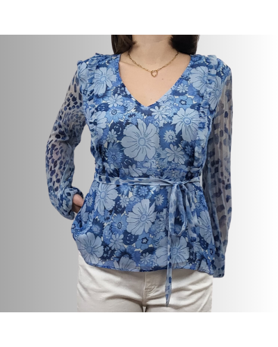 Top à imprimé floral Liu Jo, col en V, manches longues transparentes avec poignets élastiqués, taille nouée.