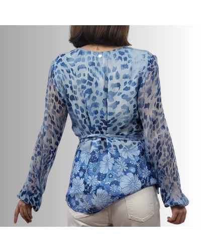 Top à imprimé floral Liu Jo, col en V, manches longues transparentes avec poignets élastiqués, taille nouée.